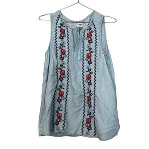 Old Navy Blue Denim Embroidered Tassel Tie Front Sleeveless Women medium